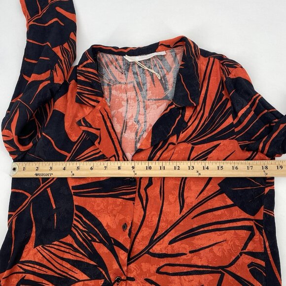 Zara Size Small Leaf Print Collar V-Neck Button Front Long Sleeve Blouse Satin - Picture 9 of 12